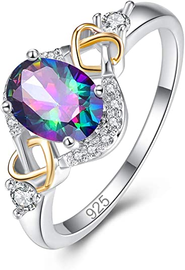 Honghu Ruby Topaz Oval Cut Gemstone Rhinestone 925 Sterling Silver Ring Valentine Love Engagement Gift