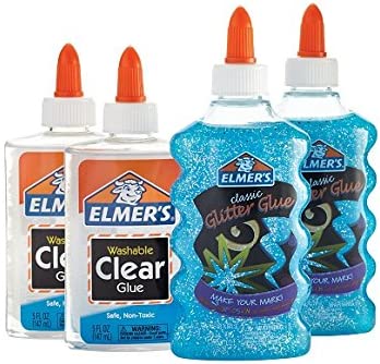 Elmer's Slime Starter Kit, Clear School Glue Clear + Blue Glitter, 4 Count