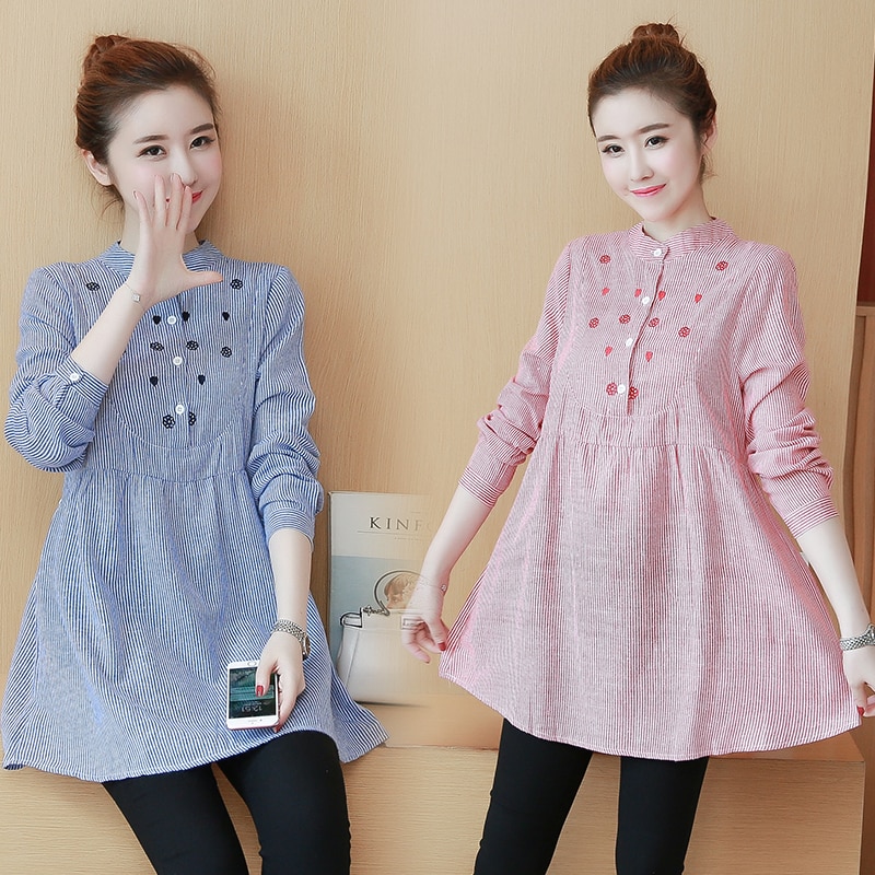 Embroidery Striped Ties Waist Maternity Blouses - Blue/Pink