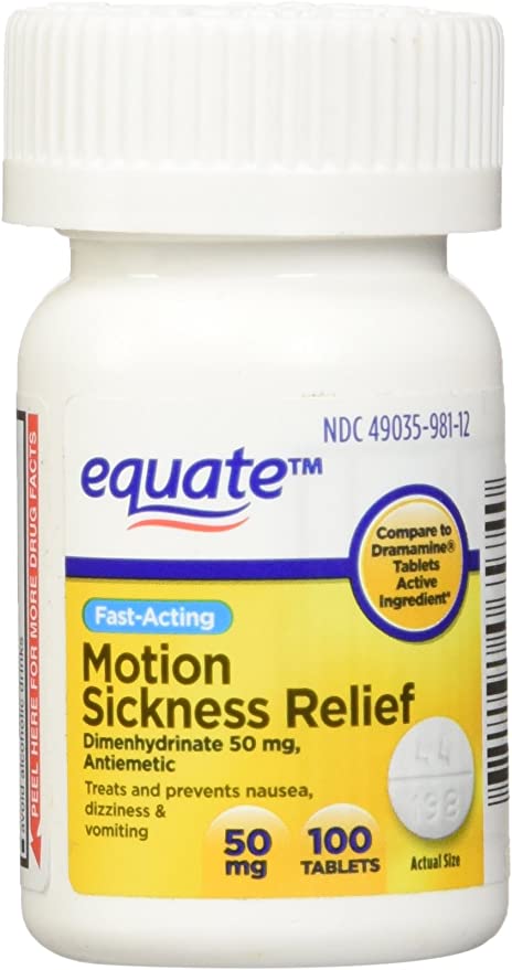 Equate - Motion Sickness 50 mg, 100 Tablets Anti-Vomiting/Nausea (Compare to Dramamine)