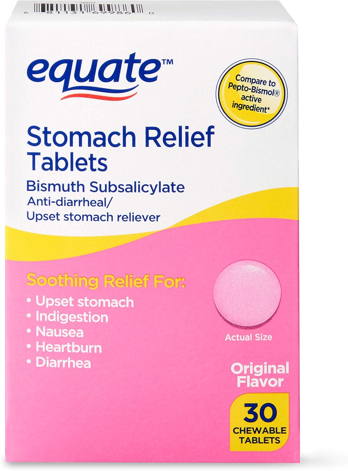 Equate - Stomach Relief, Pink Bismuth Subsalicylate, 30 Chewable Tablets