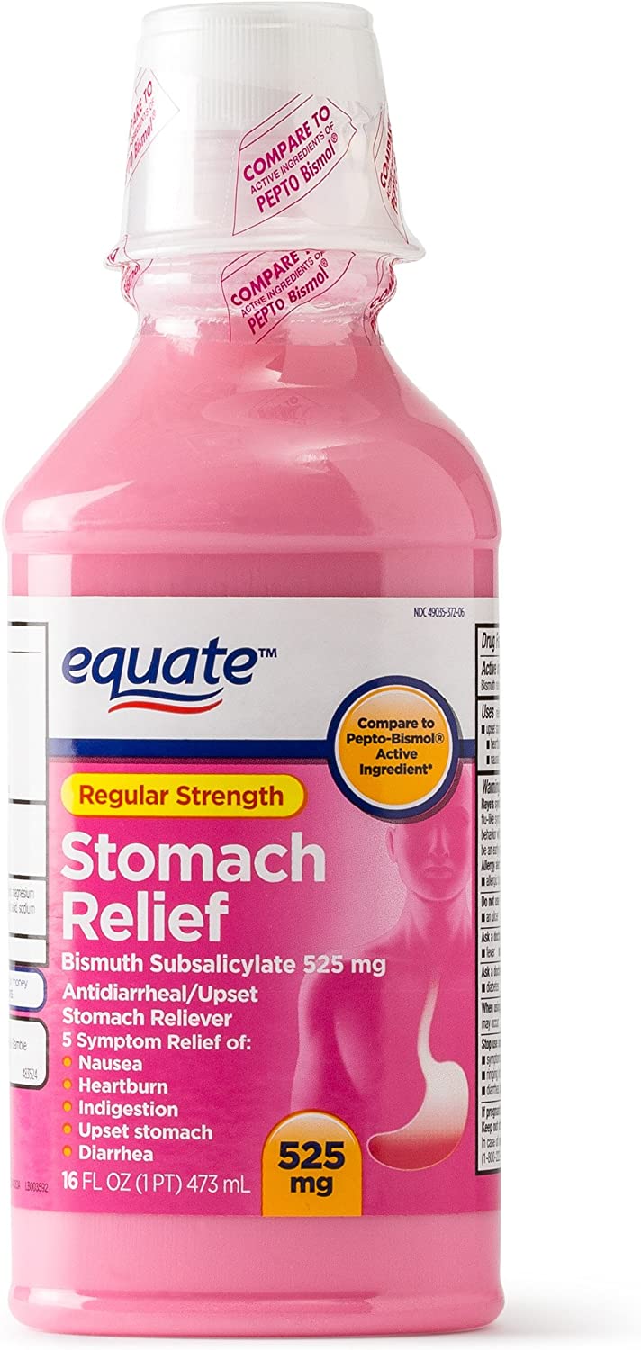 Equate - Stomach Relief, Regular Strength Pink Liquid (2X 262 mg= 525 mg) 32 fl oz (Compare to Pepto-Bismol)