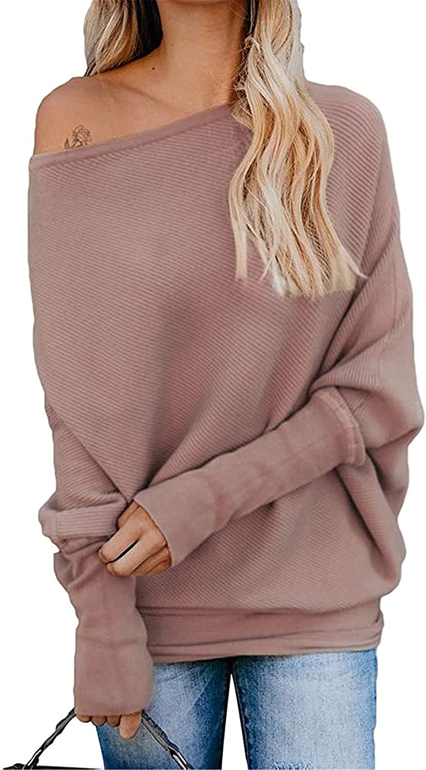 EXLURA Women's Off Shoulder Batwing Sleeve Ribbed Shirt Loose Pullover Tops, Khaki, XL