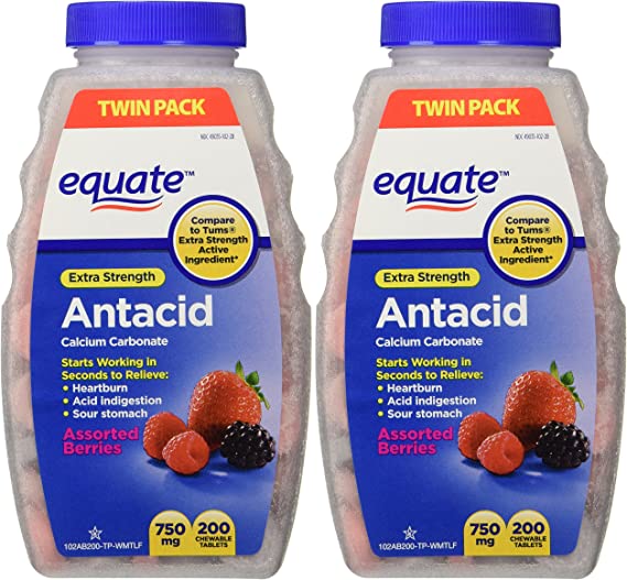 Extra Strength Antacid Chewable Tablets, 750mg, 200 Count Twin Pack