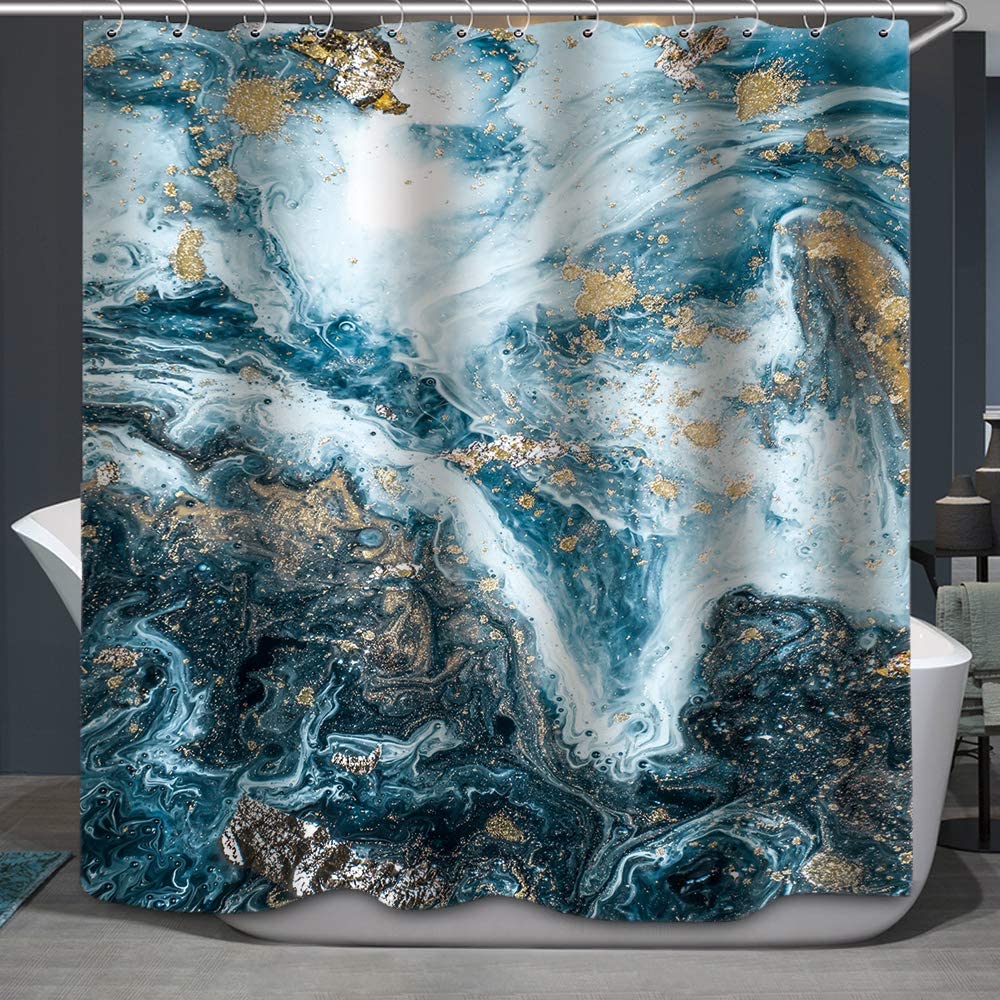 Fabric Shower Curtain, Abstract Marble Luxury Ocean Art Ripples Beautiful Blue Paint and Gold Powder Polyester Designer Cloth Include Hooks