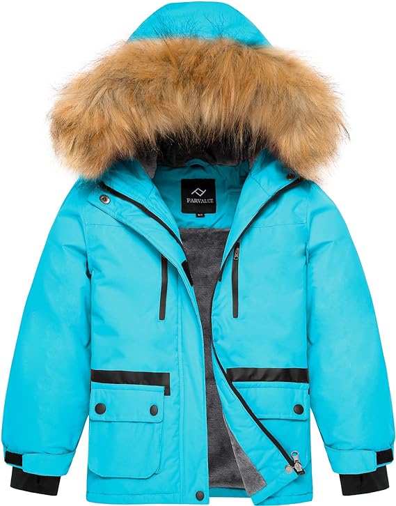 FARVALUE Girls Waterproof Ski Jacket with Hood in Blue Color