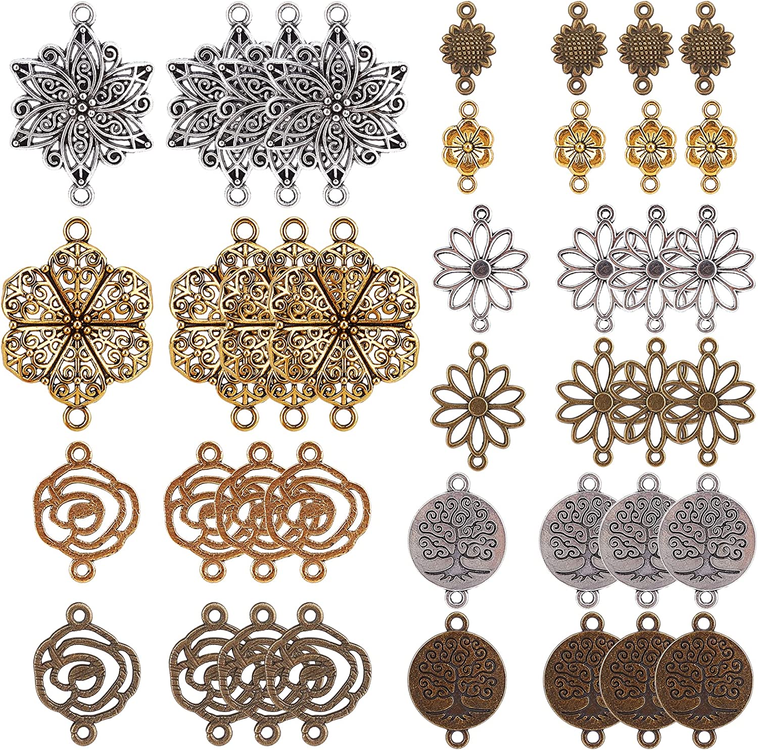 Filigree Connectors Tibetan Style Silver Bronze Metal Filigree Findings Charms for Jewelry Making Charms - 60Pcs, 10 Styles