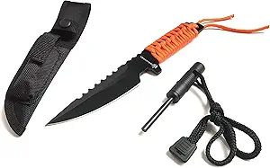 DAX Industries Fixed Blade Survival Knife With Magnesium Fire Starter, 4 Inch Full Tang Blade, Stainless Steel, Protective Nylon Sheath Included