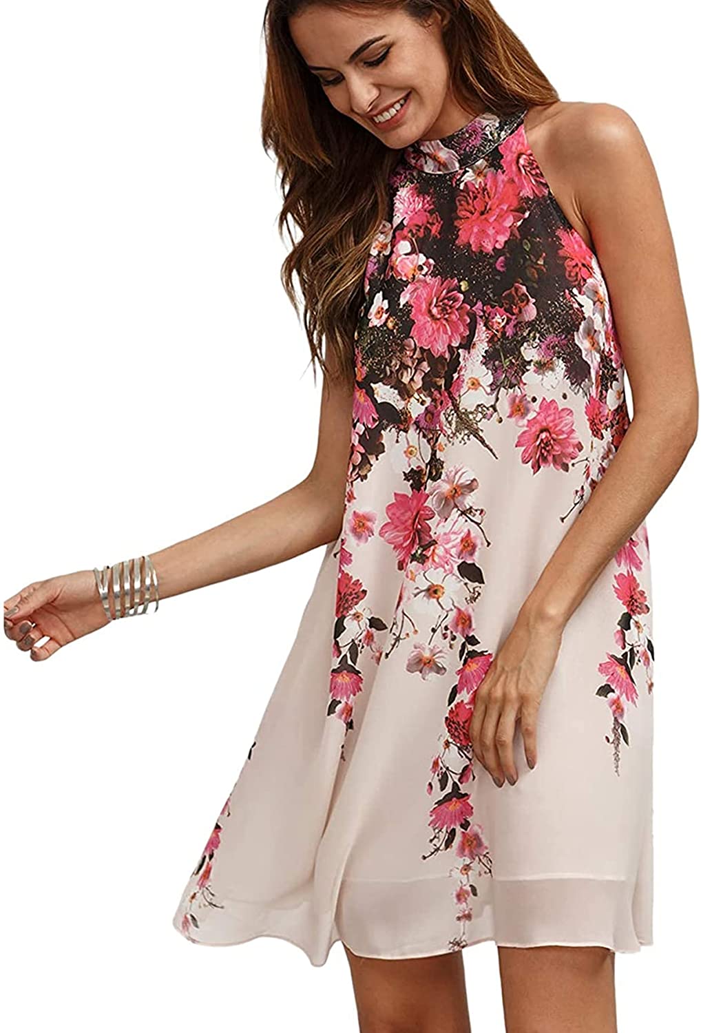 Floerns Women's Summer Floral Print Sleeveless Halter Neck Beach Party Dress