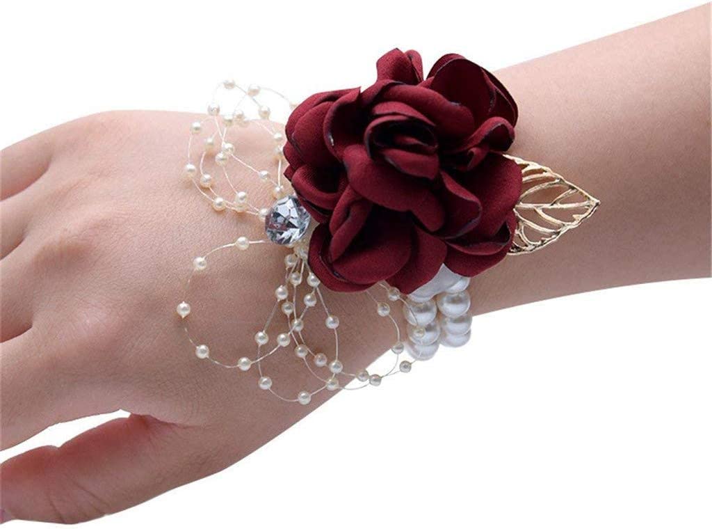 Flonding Girl Bridesmaid Wrist Corsage Bridal Silk Wrist Flower with Faux Pearl Bead for Wedding Prom Hand Flowers, Pack of 4 - Wine Red