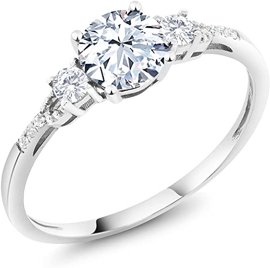 Gem Stone King 10K White Gold Hearts And Arrows White Created Sapphire and Diamond Accent 3-Stone Women's Engagement Ring