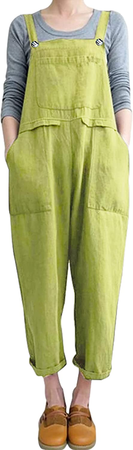 Gihuo Women's Fashion Baggy Loose Linen Overalls Jumpsuit - Green