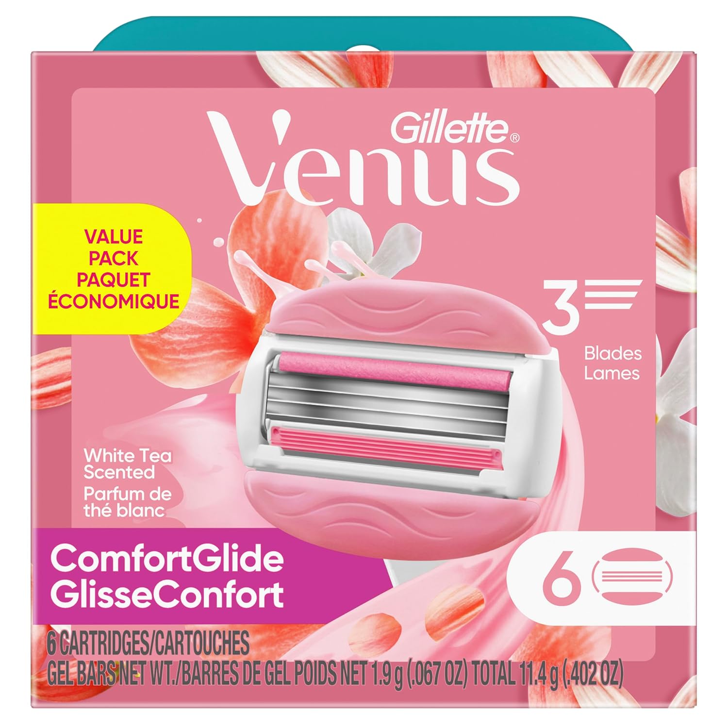 Gillette Venus ComfortGlide White Tea Women's Razor Blades Refills, 6 Count | 3-Blade Cartridges with Built-In Shave Gel