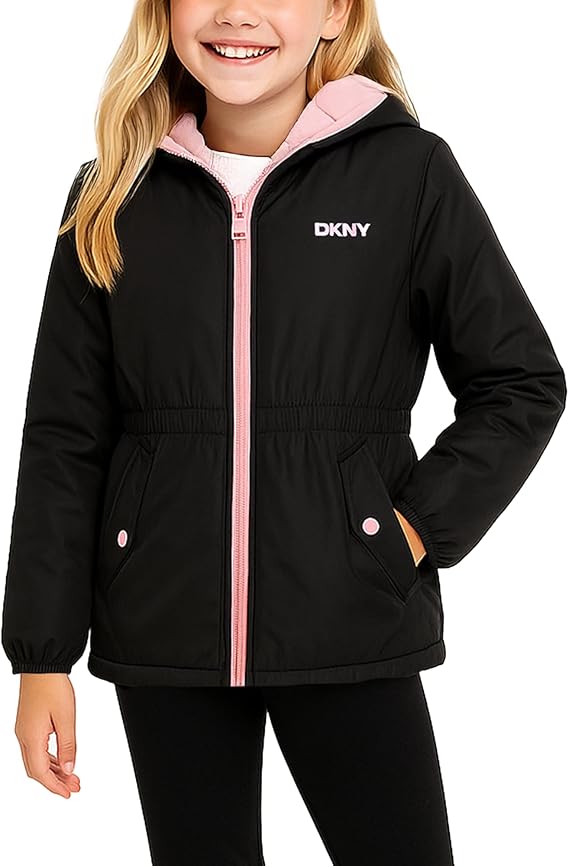 DKNY Girls Polar Fleece Lined Hooded Jacket – Midweight Imported Winter Anorak (Size 5–6)
