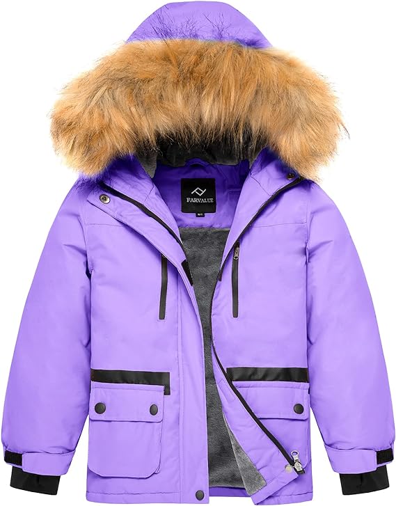FARVALUE Rose Ski Jacket for Girls - Hooded Snow Jacket with Warm Fleece Lining - Purple