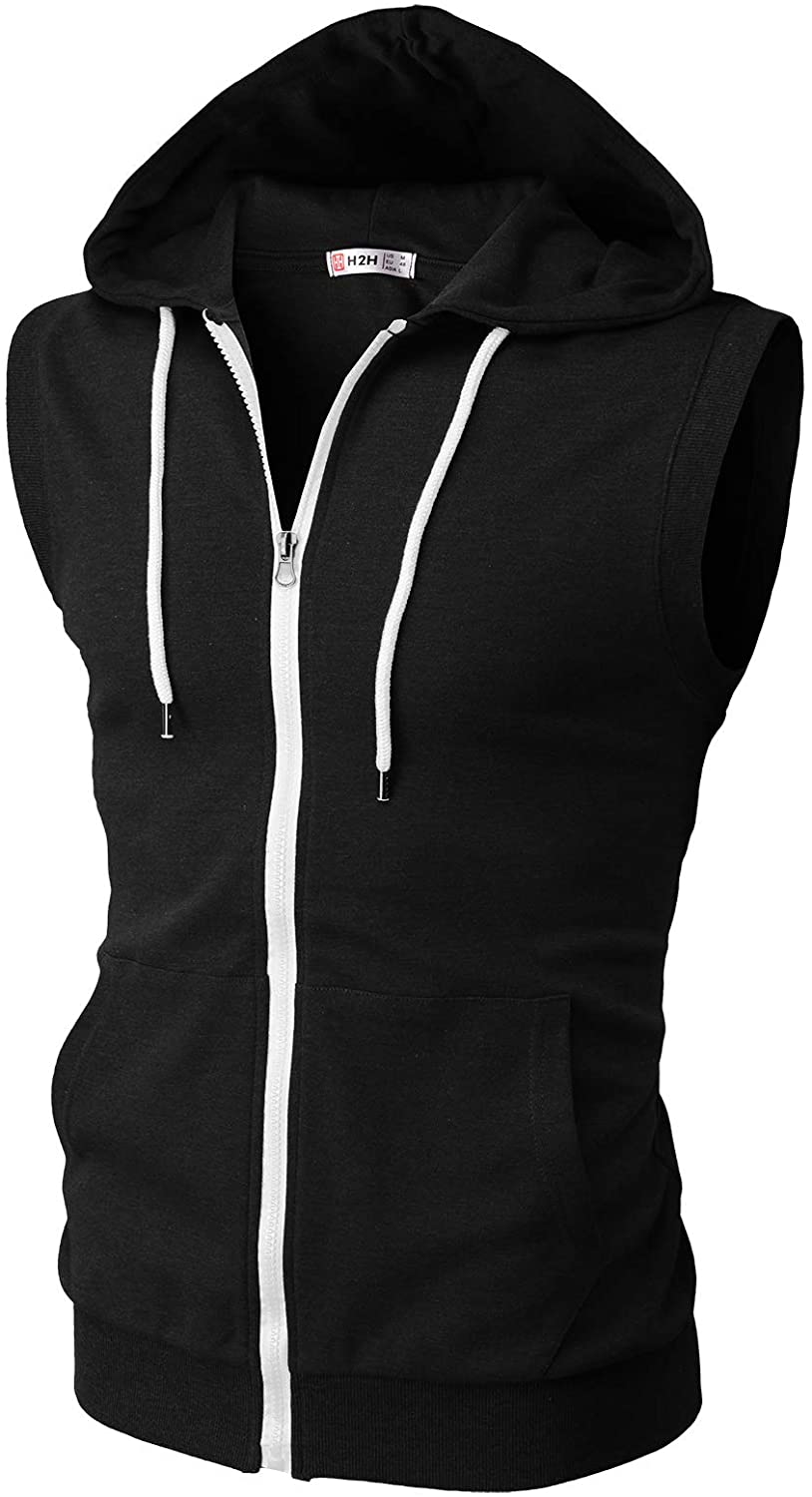 H2H Mens Casual Slim Fit Zip-up Sleeveless Hoodie Lightweight Workout Tank Tops Gym Hoodies - Black , XL