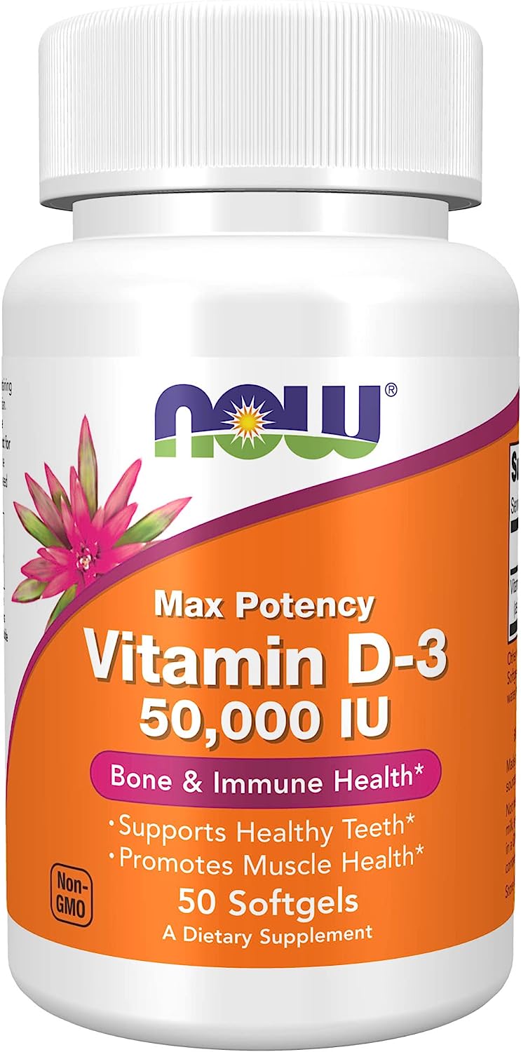 NOW Supplements Vitamin D-3 50,000 IU Softgels for Enhanced Bone Health and Immune Support, 50 softgels
