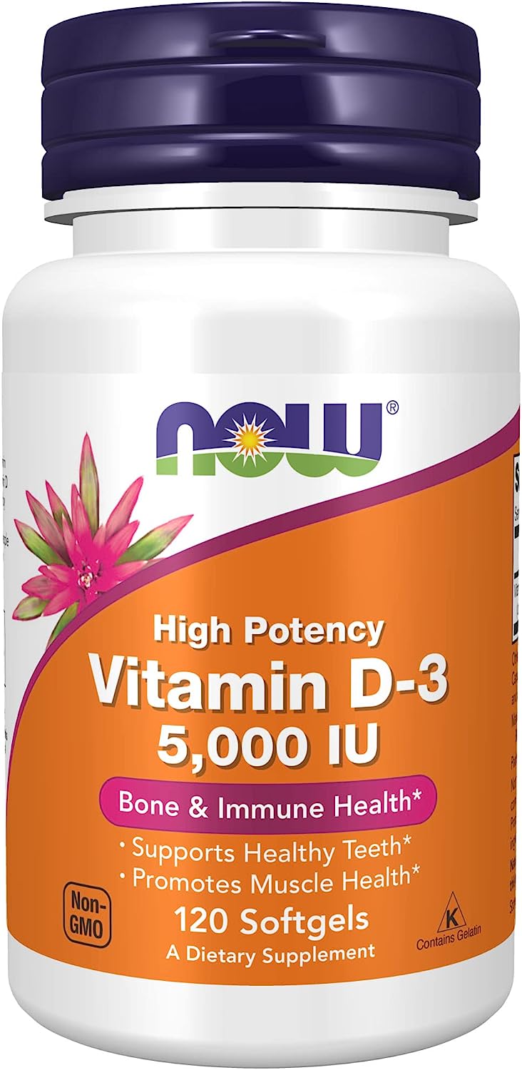 NOW Supplements Vitamin D-3 5000 IU for Structural Support and Bone Health, 120 Softgels