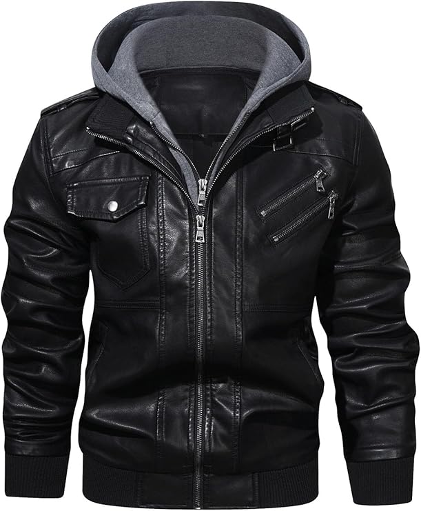 HOOD CREW Men's Casual Stand Collar PU Faux Leather Zip-Up Motorcycle Bomber Jacket With Removable Hood