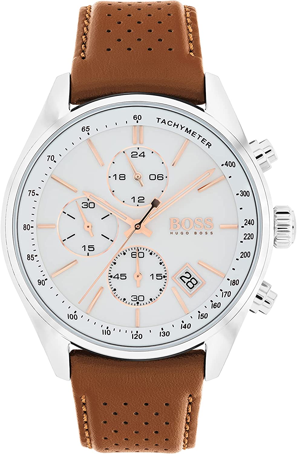 Hugo Boss Men's Analog Watch 1513475, 46mm Brown Leather Band Steel Case Quartz - White Dial