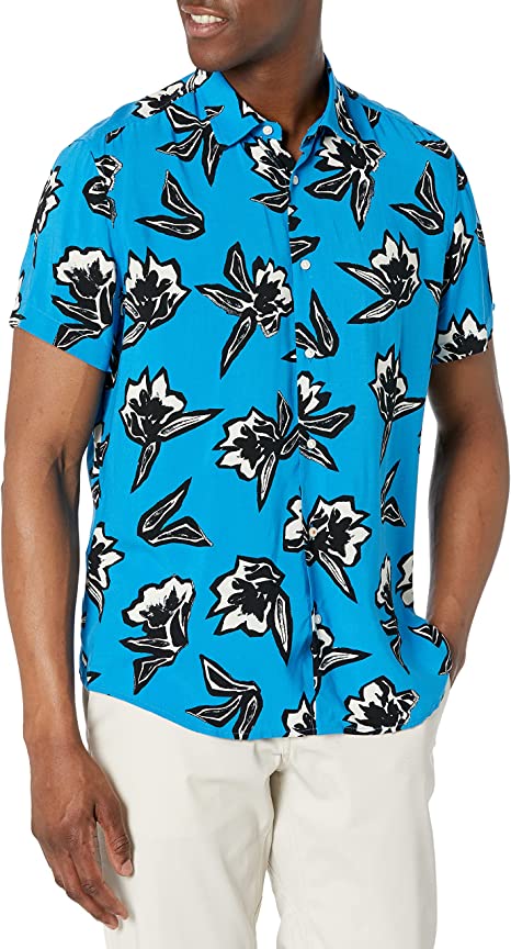 Hugo Boss Men's Modern Print Short Sleeve Cotton Shirt - Brilliant Blue Floral, Small Size