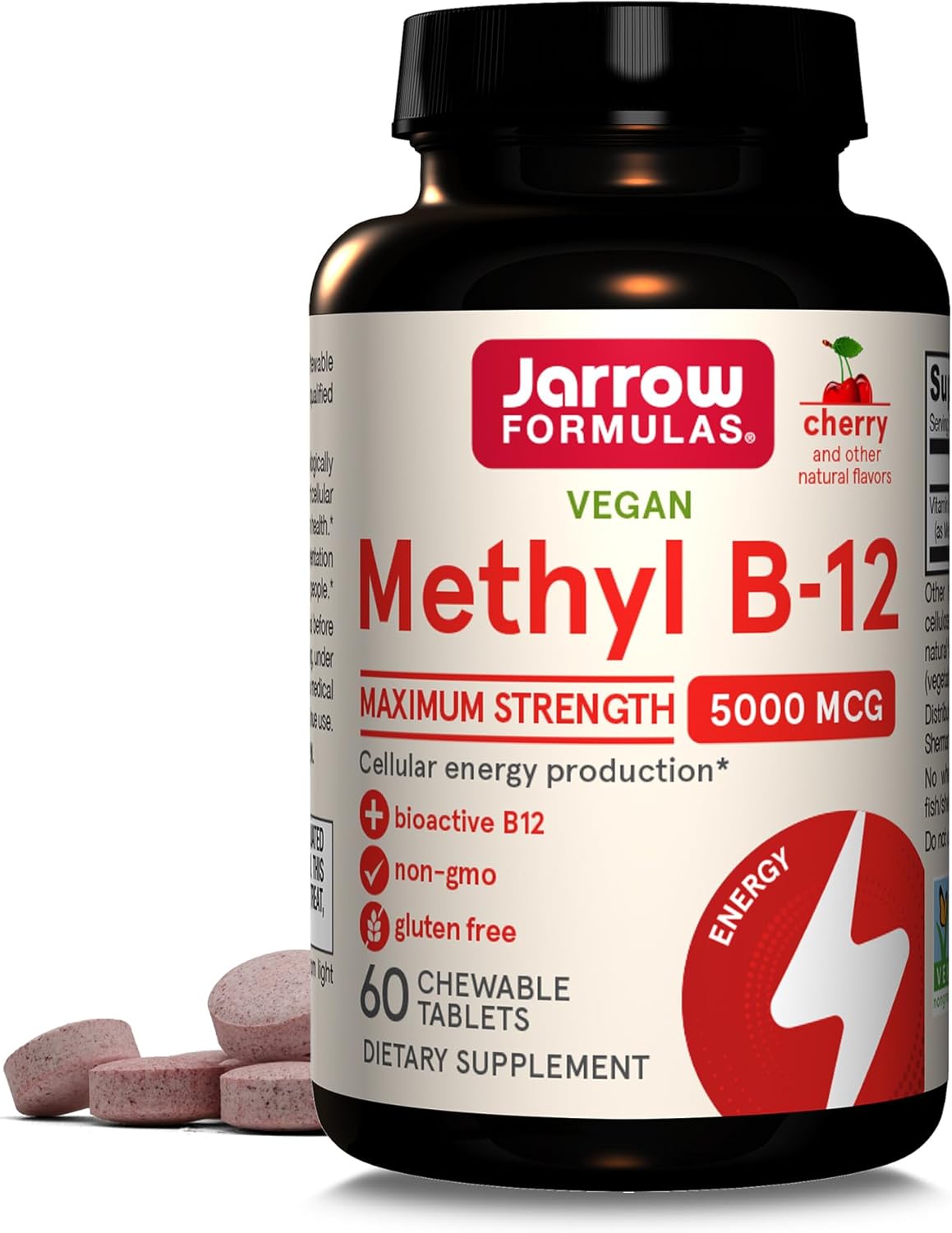 Jarrow Formulas Maximum Strength Methyl B-12 5000 mcg, Energize Your Mind Power & Body, Cherry-Flavored 60 Tabs