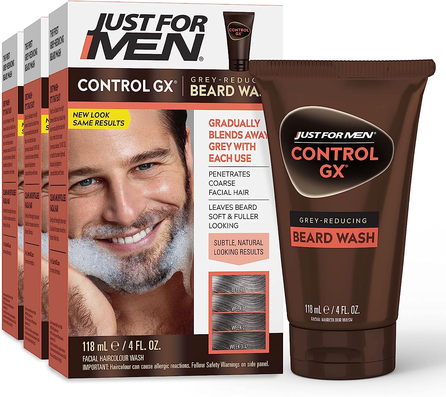 Just For Men Control GX Grey Reducing Beard Wash Shampoo, Pack of 3 - 4 Fl.Oz (118ml)