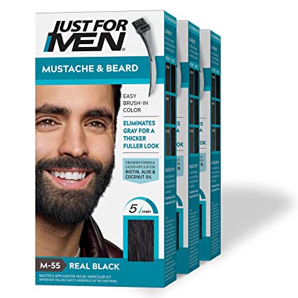 Just For Men Mustache & Beard, Beard Coloring for Gray Hair with Brush Included for Easy Application Real Black, M 55, 3 Pack