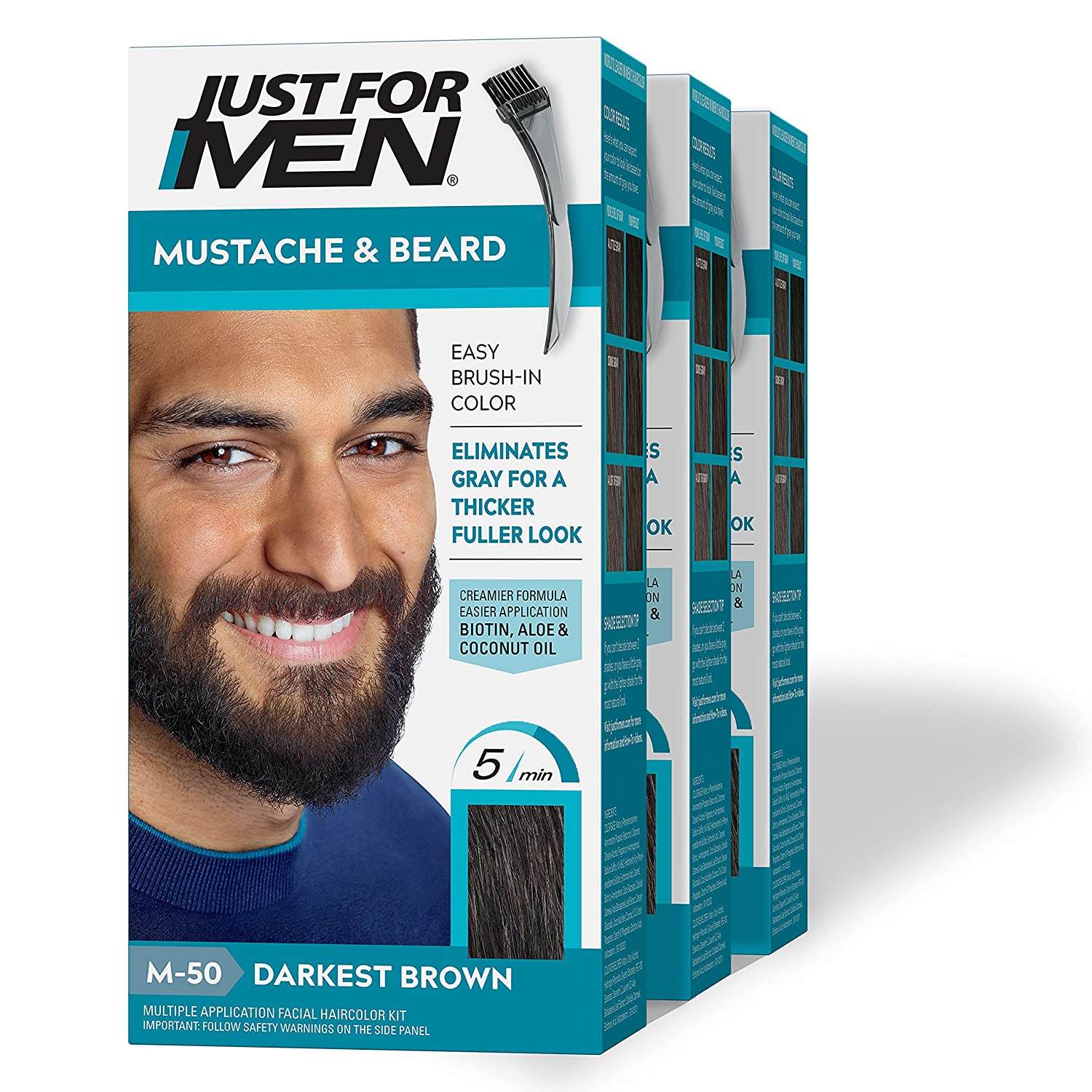 Just For Men Mustache & Beard, Beard Coloring for Gray Hair Darkest Brown 3 Pack
