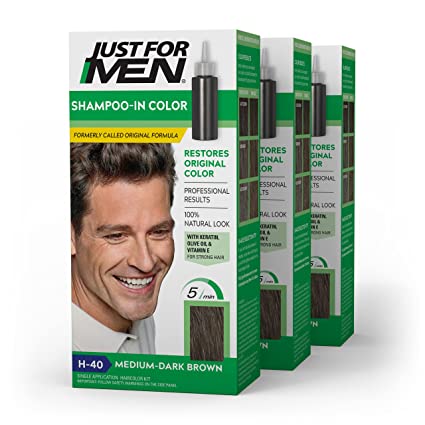 Just For Men Shampoo In Color Gray Hair Coloring for Men, H 40, 3 Pack - Medium Dark Brown