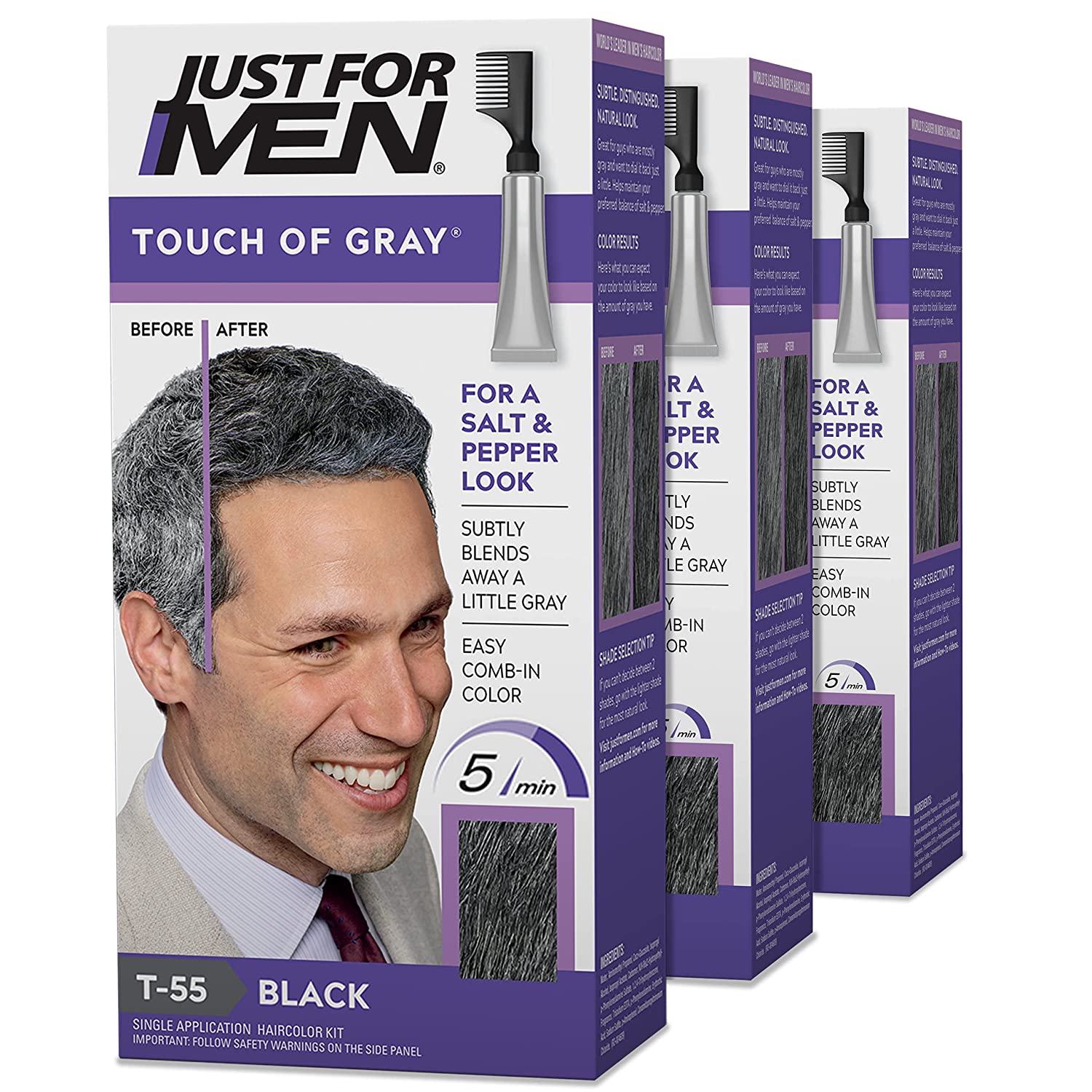 Just For Men Touch of Gray, Gray Hair Coloring Kit for Men, T-55, Pack of 3 - Black
