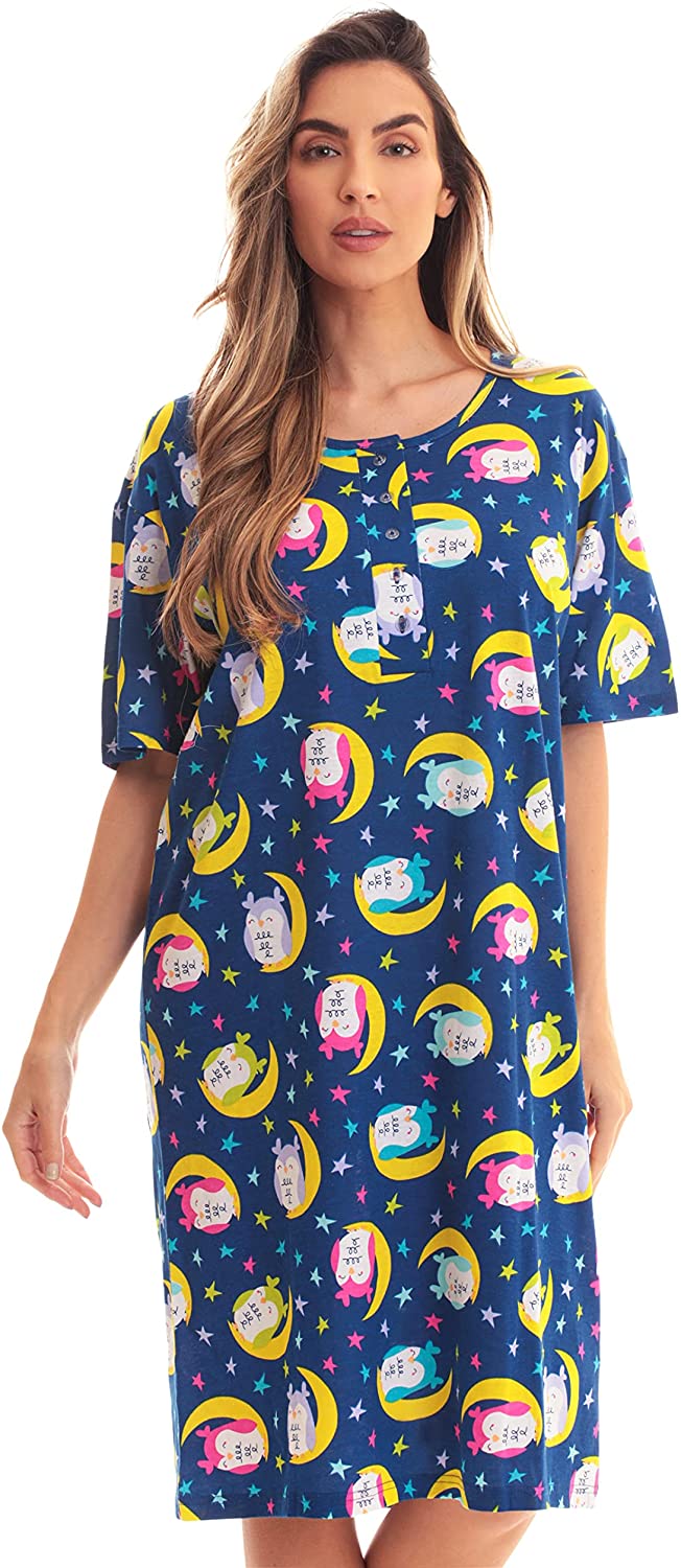 Just Love Short Sleeve Nightgown Sleepwear – (Blue - Moonstruck Owl, X-Large)
