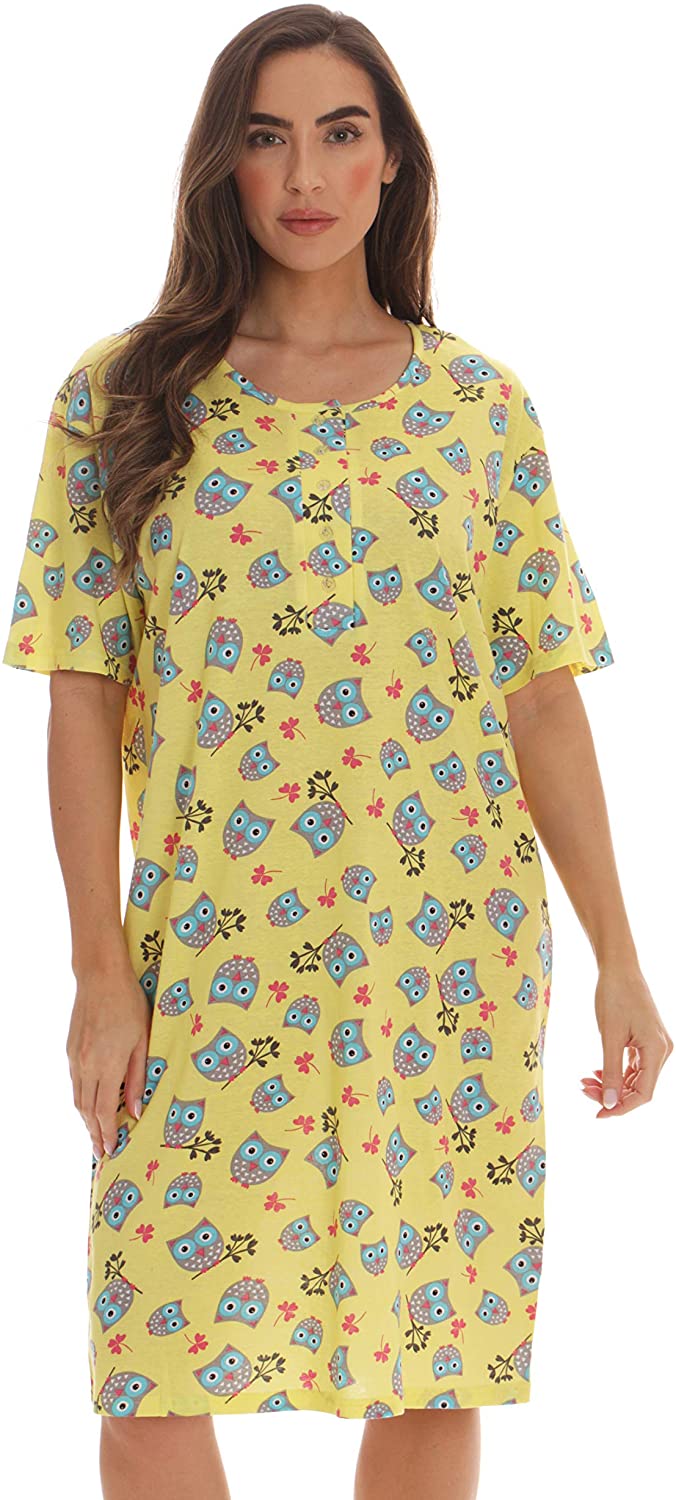 Just Love Short Sleeve Nightgown Sleepwear – (Yellow - Cute Owl, X-Large)