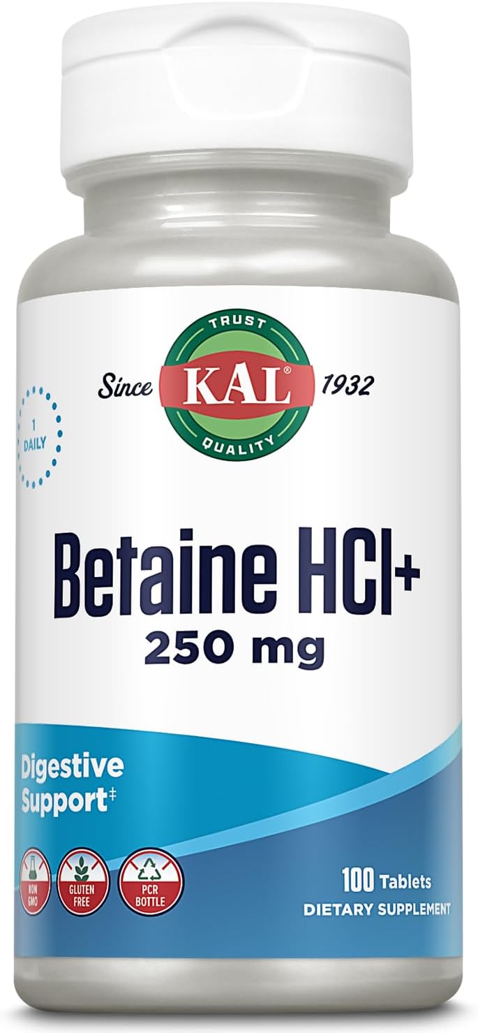 KAL Betaine HCL with Pepsin, Digestive Health Supplement with 250mg Betaine Hydrochloride Plus 130mg Pepsin, Gluten Free, Non-GMO, 60-Day Guarantee, Rapid Disintegration Tablets, 100 Servings