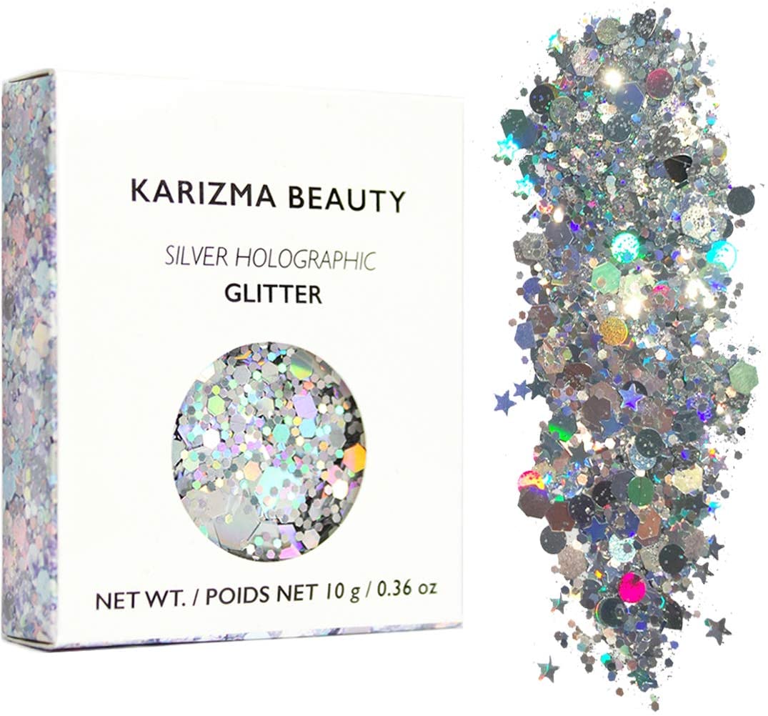 Karizma Beauty Chunky Festival Cosmetic Face Body Hair Nails Glitter, 0.36 Oz (10 g) - Silver Holographic