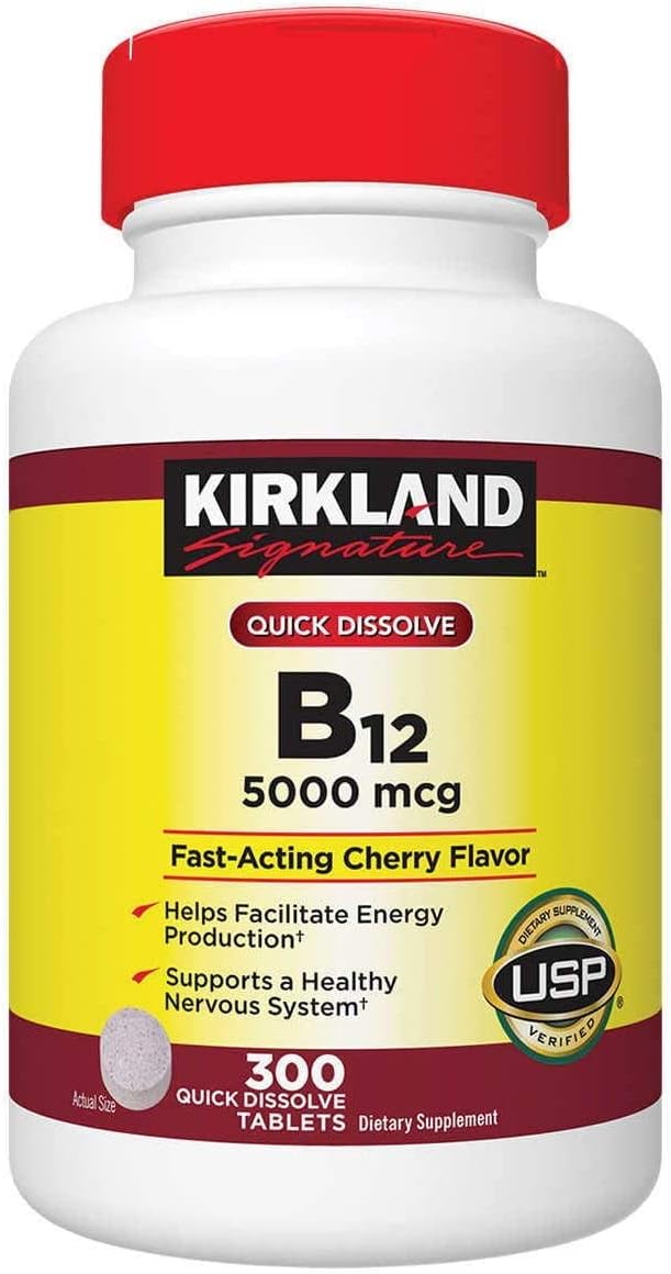 Kirkland Signature Quick Dissolve B-12 5000 mcg – 300 Cherry Tablets (Imported, Fast-Absorbing Vitamin B12 for Energy & Wellness)
