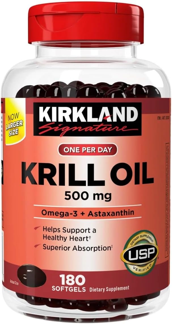 KIRKLAND Signature Krill Oil 500mg – 180 Softgels (Imported Omega-3, Astaxanthin & Heart Health Support for Adults)