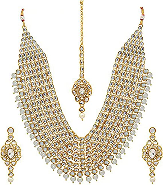 Kundan Multi Layered Bridal Necklace Set with Maang Tikka Ethnic Fashion Jewelry for Women - White