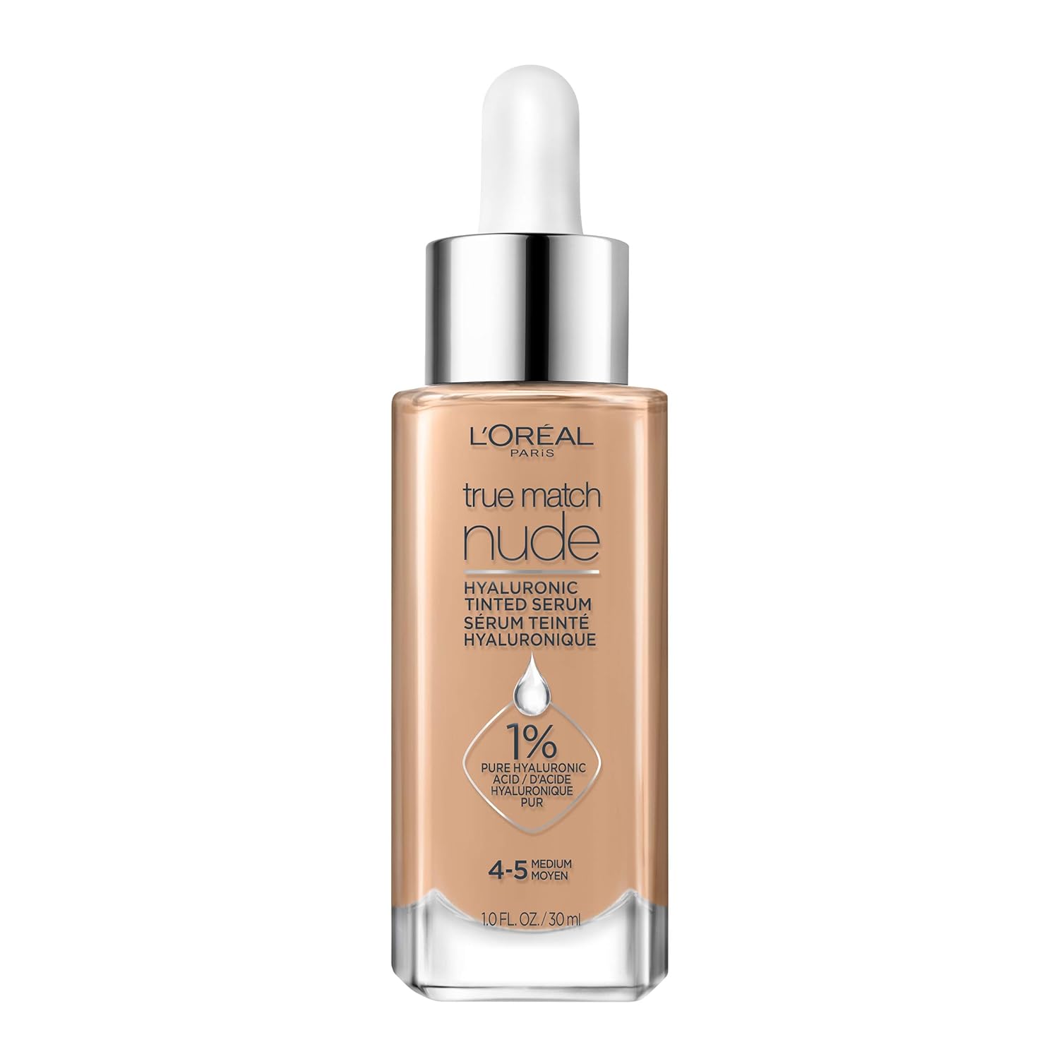 L'Oreal Paris True Match Nude Hyaluronic Tinted Serum Foundation with 1% Hyaluronic acid, Medium 4-5, 1 fl. oz
