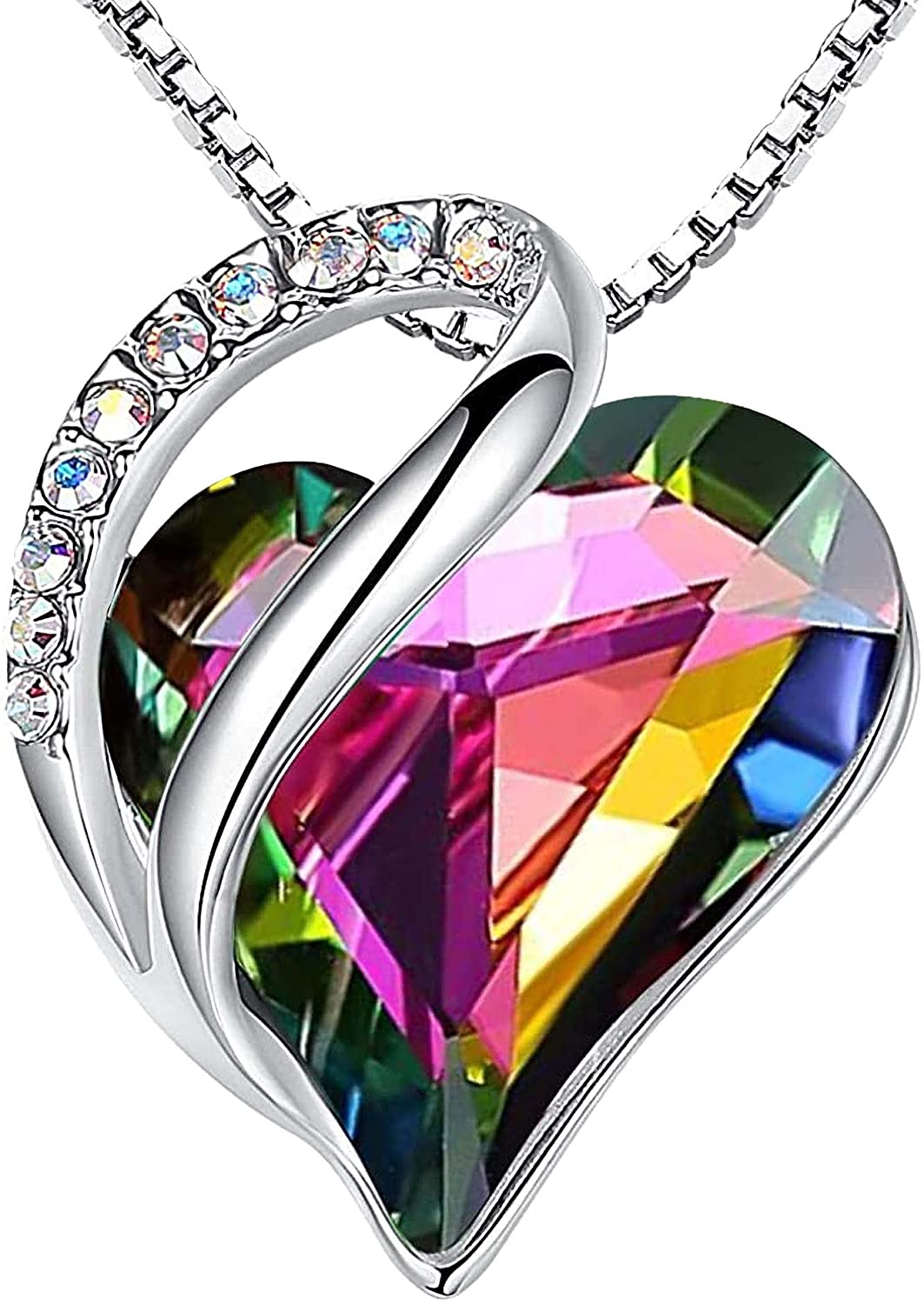 Leafael Infinity Love Heart Pendant Necklace with Birthstone Crystals for 12 Months, Jewelry Gifts for Women, Silver-Tone, 18"+2"