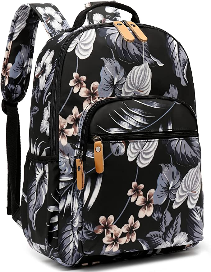 Leaper Water-resistant Floral School Backpack Travel Bag Girls Bookbags Satchel - Leaves-Black