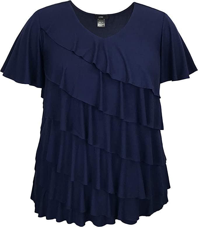 LEEBE Women and Plus Size Ruffle Top Blouses - Navy V