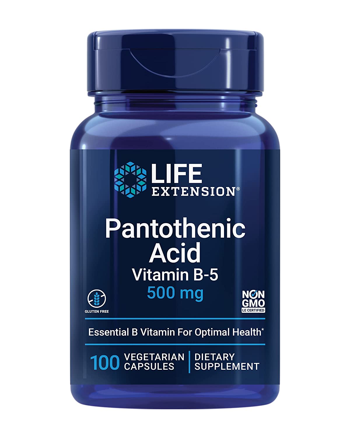 Life Extension Pantothenic Acid 500 mg – Pantothenic Acid with Calcium Supplement Pills – Essential B Vitamin For Optimal Health - Once Daily - Gluten-Free, Non-GMO, Vegetarian – 100 Capsules
