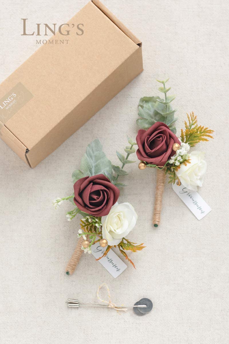 Ling's Moment Boutonniere for Men Wedding with Pins,Set of 2 - Burgundy