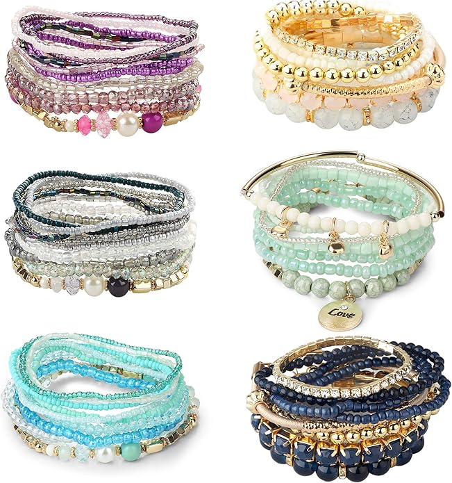 LOYALLOOK 6 Sets Bohemian Stackable Bead Bracelets for Women - Handmade Stretch Boho Style Multilayered Jewelry Set