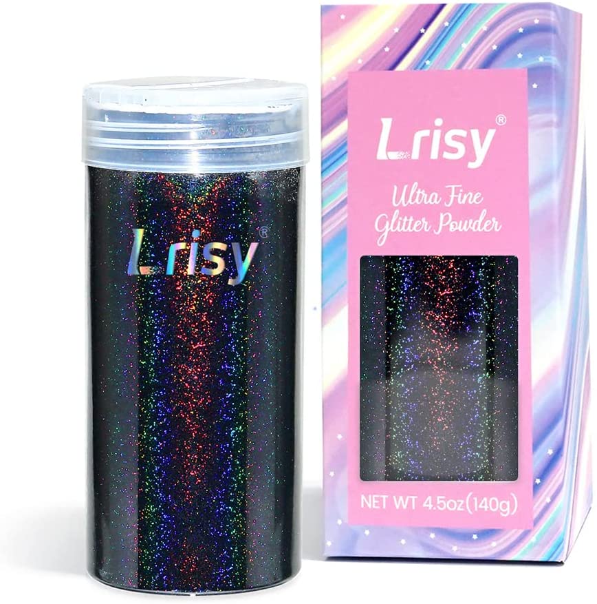 Lrisy Holographic Extra Fine Glitter Powder with Shaker Lid for Epoxy Resin, Slime, Tumblers, Nail & Painting Arts, 4.5oz (140g) - Black