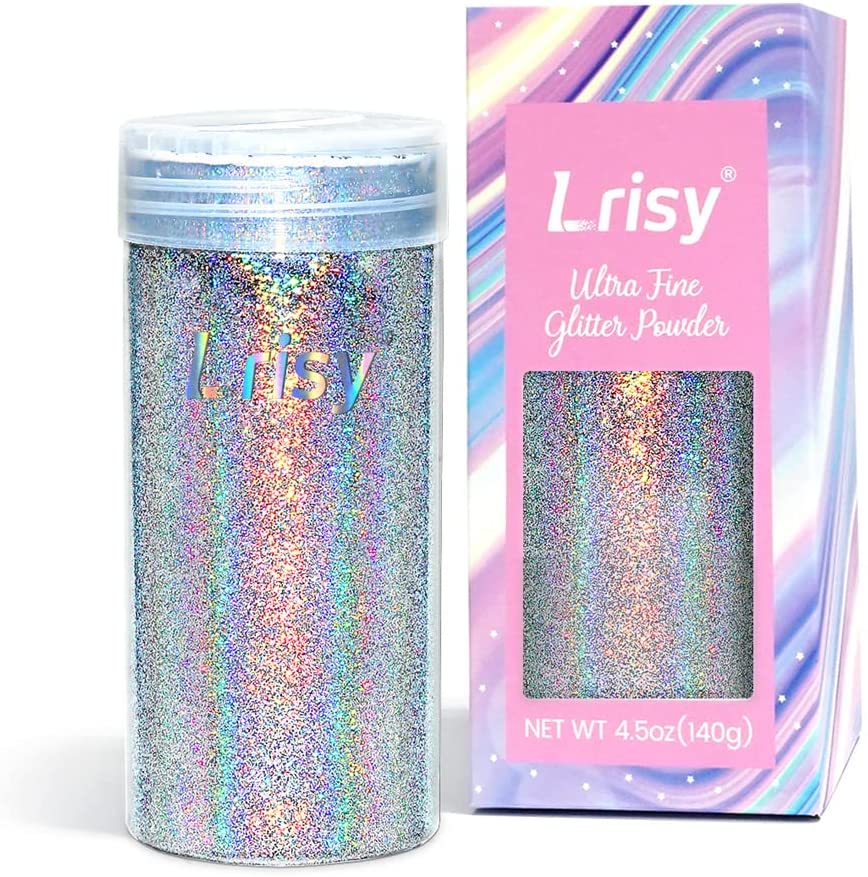 Lrisy Holographic Extra Fine Glitter Powder with Shaker Lid for Epoxy Resin, Slime, Tumblers, Nail & Painting Arts, 4.5oz (140g) - Silver