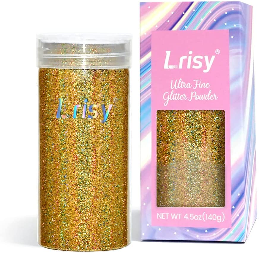 Lrisy Holographic Extra Fine Glitter Powder with Shaker Lid for Epoxy Resin, Slime, Tumblers, Nail & Painting Arts, 4.5oz (140g) - Golden