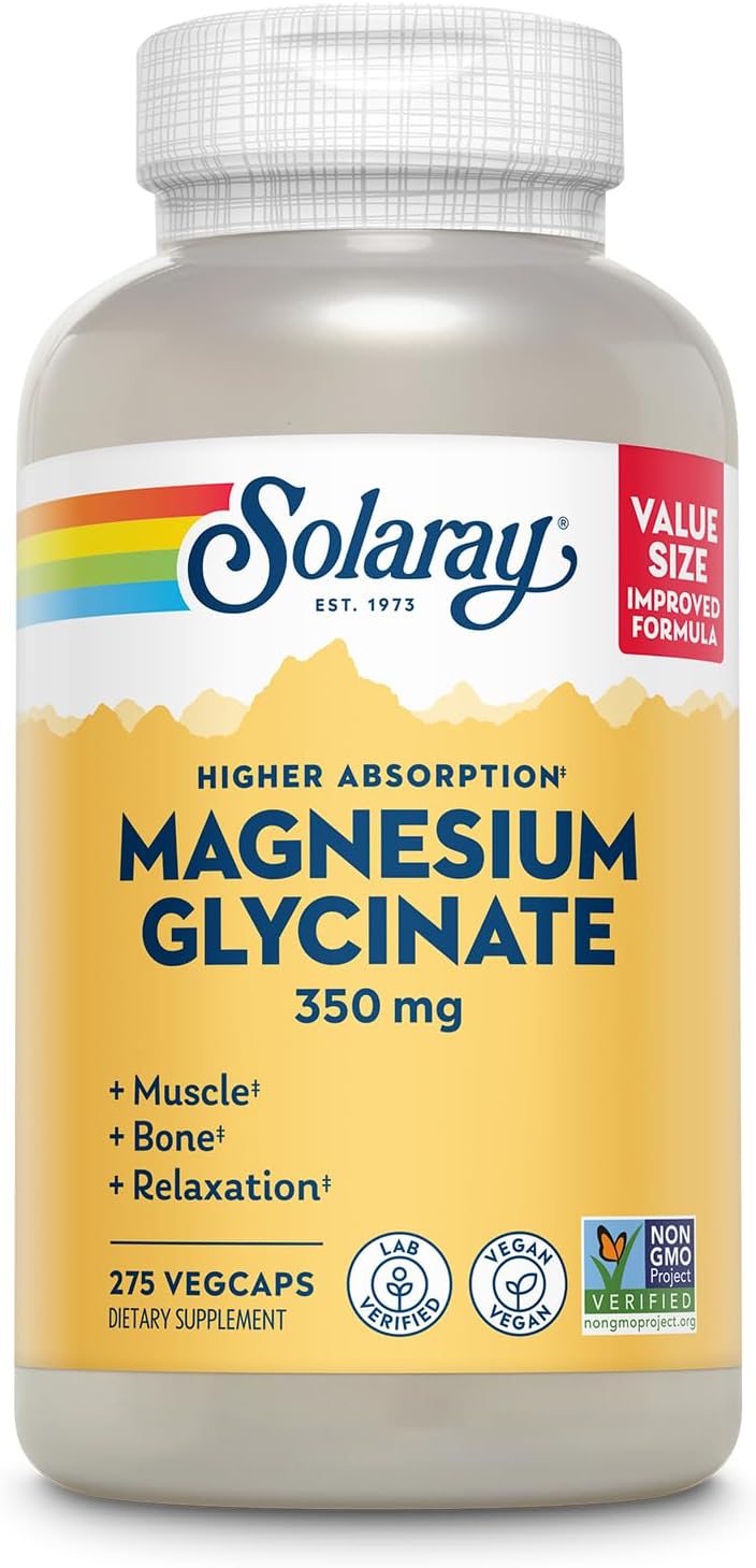 New & Improved High Absorption Magnesium Glycinate 350mg by Solaray for Stress, Bones, Muscle & Relaxation, 275 VCaps