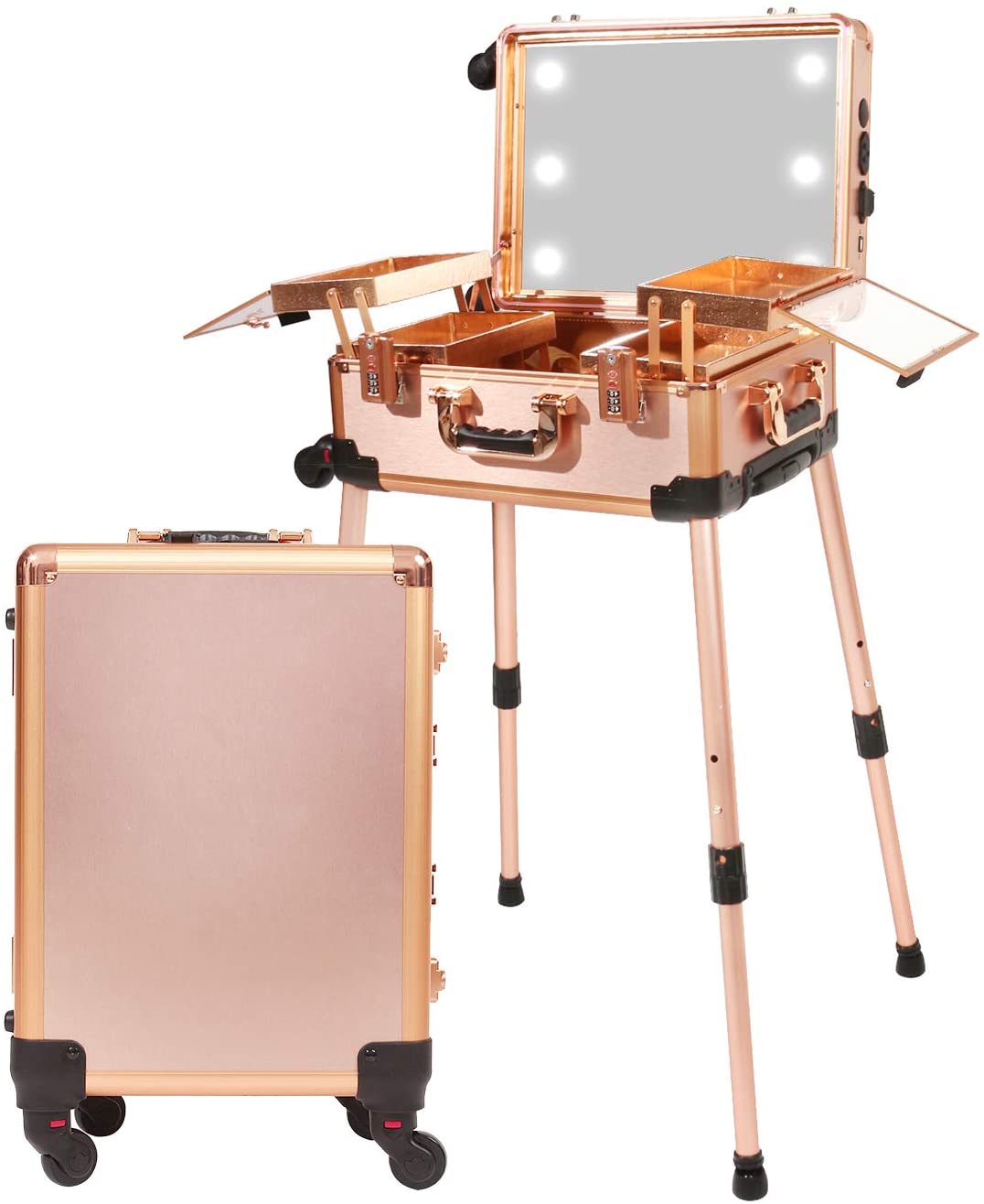 Makeup Train Professional Artist Trolley Studio Free Standing Case with 3-Code Password Safe Lock- Pink